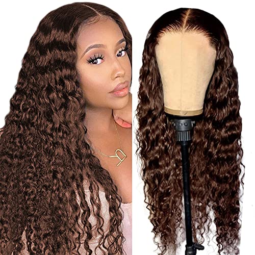 Zeslaerr Deep Wave Human Hair Wig 5x5 Hd Frontal Lace Wig Echthaar PerüCke 150% Density Unprocessed Brazilian Virgin Hair #4 Chocolate Brown No Tangle No Smell For Women 24 Inch von Zeslaerr