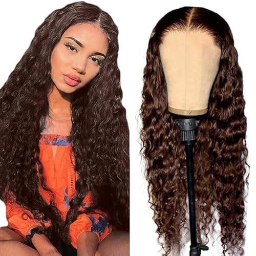 Zeslaerr Deep Wave Human Hair Wig 5x5 Hd Frontal Lace Wig Echthaar PerüCke 150% Density Unprocessed Brazilian Virgin Hair #4 Chocolate Brown No Tangle No Smell For Women 26 Zoll von Zeslaerr