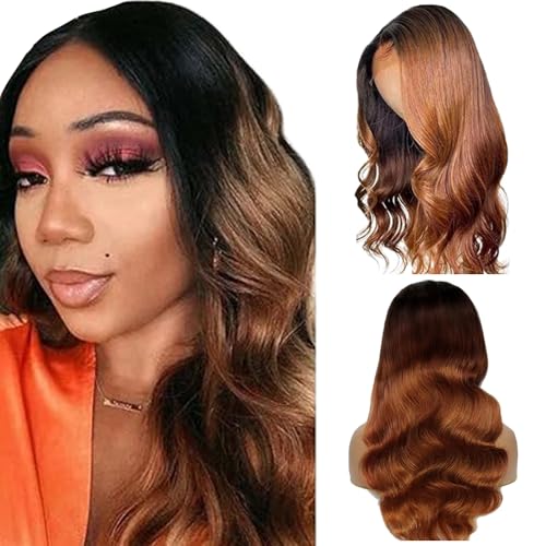 Zeslaerr Body Wave Human Hair Wig 13X1 Hd Frontal Lace Wig Echthaar PerüCke 150% Density Unprocessed Brazilian Virgin Hair 1B/30 Black Root Ombre Brown No Tangle No Smell For Women 24 Inch von Zeslaerr