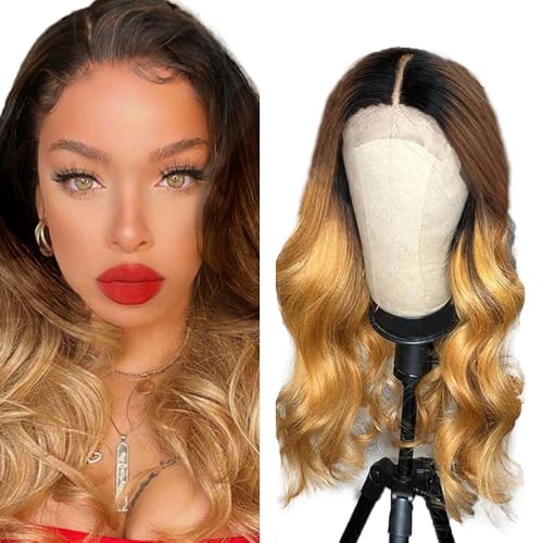 Zeslaerr Body Wave Human Hair Wig 5x5 Hd Frontal Lace Wig Echthaar PerüCke 150% Density Unprocessed Brazilian Virgin Hair 1B/4/27 Black Root Ombre Brown No Tangle No Smell For Women 14 Inch von Zeslaerr