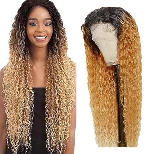 Zeslaerr Deep Wave Human Hair Wig 13X1 Hd Frontal Lace Wig Echthaar PerüCke 150% Density Unprocessed Brazilian Virgin Hair 1B/27 Black Root Ombre Brown No Tangle No Smell For Women 16 Inch von Zeslaerr
