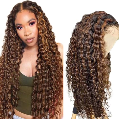 Zeslaerr Deep Wave Human Hair Wig 13X1 Hd Frontal Lace Wig Echthaar PerüCke 150% Density Unprocessed Brazilian Virgin Hair P4/30 Highlight Brown No Tangle No Smell For Women 26 Inch von Zeslaerr