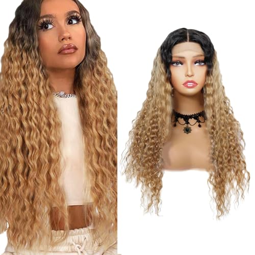 Zeslaerr Deep Wave Human Hair Wig 5x5 Hd Frontal Lace Wig Echthaar PerüCke 150% Density Unprocessed Brazilian Virgin Hair 1B/27 Black Root Ombre Brown No Tangle No Smell For Women 24 Inch von Zeslaerr