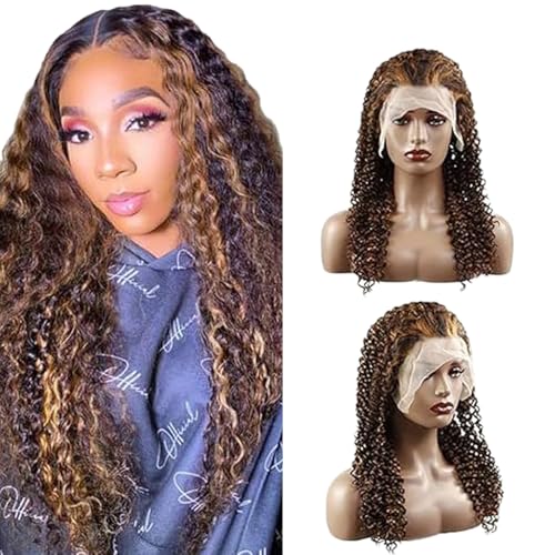 Zeslaerr Deep Wave Human Hair Wig 5x5 Hd Frontal Lace Wig Echthaar PerüCke 150% Density Unprocessed Brazilian Virgin Hair P1B/30 Highlight Brown No Tangle No Smell For Women 20 Inch von Zeslaerr