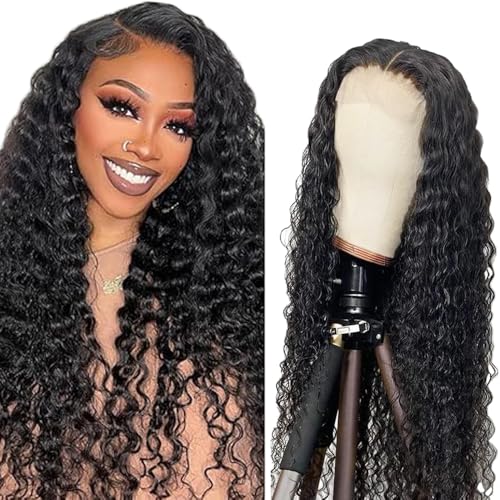 Zeslaerr Echthaar Perücke 5x5 Lace Front Wig Brazilian Wigs Human Hair Kinky Curly 5x5 T-Part Lace Front Wig Unprocessed Lace Front Wig Human Hair Natural Black Color For Women 28 Inch von Zeslaerr