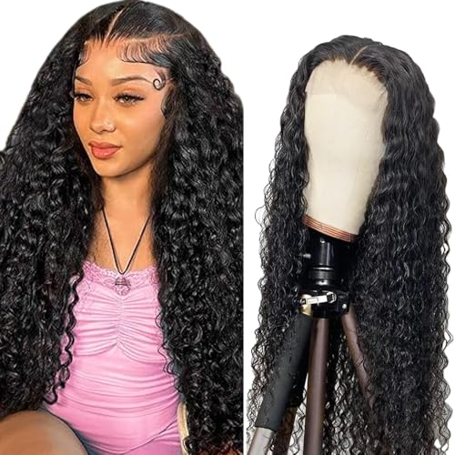 Zeslaerr Kinky Curly Wave Human Hair Wig 5x5 Hd Frontal Lace Wig Echthaar PerüCke 150% Density Unprocessed Brazilian Virgin Hair #1B Natural Black No Tangle No Smell For Women 32 Zoll von Zeslaerr