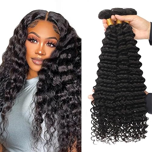 Zeslaerr Echthaar Perücke Bundles Human Hair Extensions 1B Natural Black Color 8A Grade Unprocessed Brazilian Virgin Menschliches Haar Deep Wave Bundles No Weft Knotless For Women 12 12 16 Zoll von Zeslaerr
