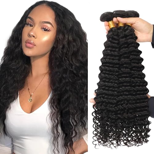 Zeslaerr Echthaar Perücke Bundles Human Hair Extensions 1B Natural Black Color 8A Grade Unprocessed Brazilian Virgin Menschliches Haar Deep Wave Bundles No Weft Knotless For Women 22 24 26 Inch von Zeslaerr