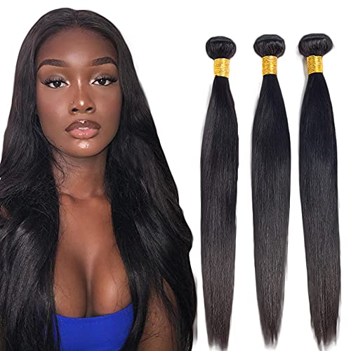 Zeslaerr Echthaar Perücke Bundles Human Hair Extensions 1B Natural Black Color 8A Grade Unprocessed Brazilian Virgin Menschliches Haar Straight Bundles No Weft Knotless For Women 12 12 16 Zoll von Zeslaerr