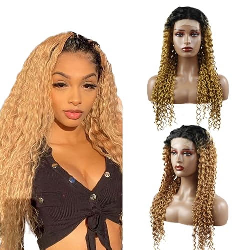 Zeslaerr Kinky Curly Human Hair Wig 5x5 Hd Frontal Lace Wig Echthaar PerüCke 150% Density Unprocessed Brazilian Virgin Hair 1B/27 Black Root Ombre Brown No Tangle No Smell For Women 20 Inch von Zeslaerr