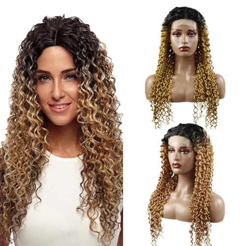 Zeslaerr Kinky Curly Human Hair Wig 5x5 Hd Frontal Lace Wig Echthaar PerüCke 150% Density Unprocessed Brazilian Virgin Hair 1B/27 Black Root Ombre Brown No Tangle No Smell For Women 24 Inch von Zeslaerr