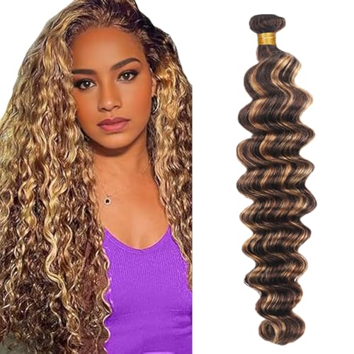 Zeslaerr P427 Highlight Brown Color Echthaar Perücke Bundles Human Hair Extensions Grade Unprocessed Virgin Menschliches Haar Deep Wave Bundles Minimal Shedding For Women 12 Inch von Zeslaerr