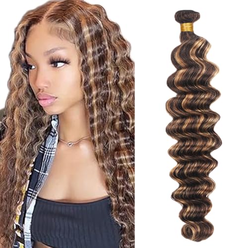Zeslaerr P427 Highlight Brown Color Echthaar Perücke Bundles Human Hair Extensions Grade Unprocessed Virgin Menschliches Haar Deep Wave Bundles Minimal Shedding For Women 16 Inch von Zeslaerr
