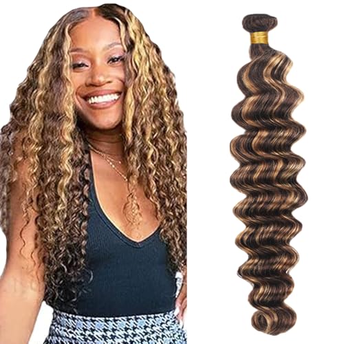 Zeslaerr P427 Highlight Brown Color Echthaar Perücke Bundles Human Hair Extensions Grade Unprocessed Virgin Menschliches Haar Deep Wave Bundles Minimal Shedding For Women 20 Inch von Zeslaerr