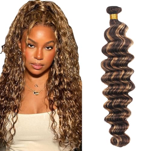 Zeslaerr P427 Highlight Brown Color Echthaar Perücke Bundles Human Hair Extensions Grade Unprocessed Virgin Menschliches Haar Deep Wave Bundles Minimal Shedding For Women 32 Inch von Zeslaerr