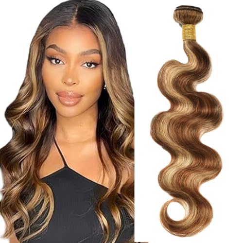 Zeslaerr P427 Highlight Brown Color Echthaar Perücke Bundles Human Hair Extensions Unprocessed Virgin Menschliches Haar Body Wave Bundles Minimal Shedding For Women 14 Inch von Zeslaerr