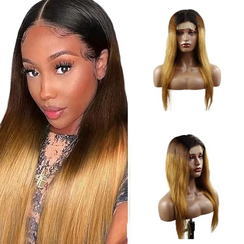 Zeslaerr Straight Human Hair Wig 5x5 Hd Frontal Lace Wig Echthaar PerüCke 150% Density Unprocessed Brazilian Virgin Hair 1B/4/27 Black Root Ombre Brown No Tangle No Smell For Women 20 Inch von Zeslaerr
