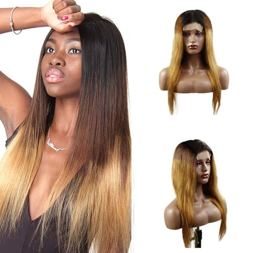 Zeslaerr Straight Human Hair Wig 5x5 Hd Frontal Lace Wig Echthaar PerüCke 150% Density Unprocessed Brazilian Virgin Hair 1B/4/27 Black Root Ombre Brown No Tangle No Smell For Women 26 Zoll von Zeslaerr