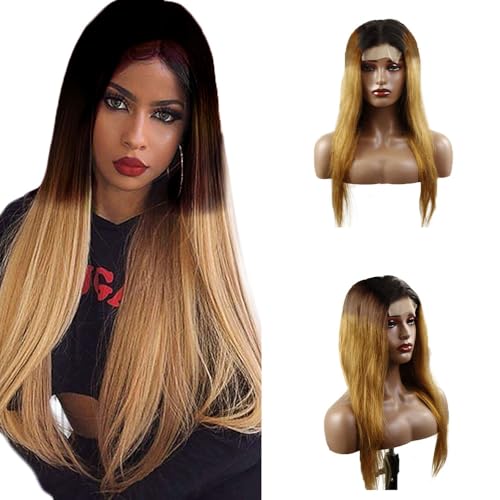 Zeslaerr Straight Human Hair Wig 5x5 Hd Frontal Lace Wig Echthaar PerüCke 150% Density Unprocessed Brazilian Virgin Hair 1B/4/27 Black Root Ombre Brown No Tangle No Smell For Women 32 Inch von Zeslaerr