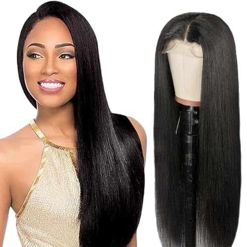 Zeslaerr Straight Human Hair Wig 5x5 Hd Frontal Lace Wig Echthaar PerüCke 150% Density Unprocessed Brazilian Virgin Hair #1B Natural Black No Tangle No Smell For Women 26 Inch von Zeslaerr