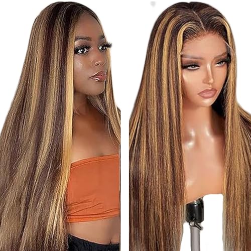 Zeslaerr Straight Human Hair Wig 5x5 Hd Frontal Lace Wig Echthaar PerüCke 150% Density Unprocessed Brazilian Virgin Hair P4/27 Highlight Brown Minimal Tangle No Smell For Women 24 Inch von Zeslaerr