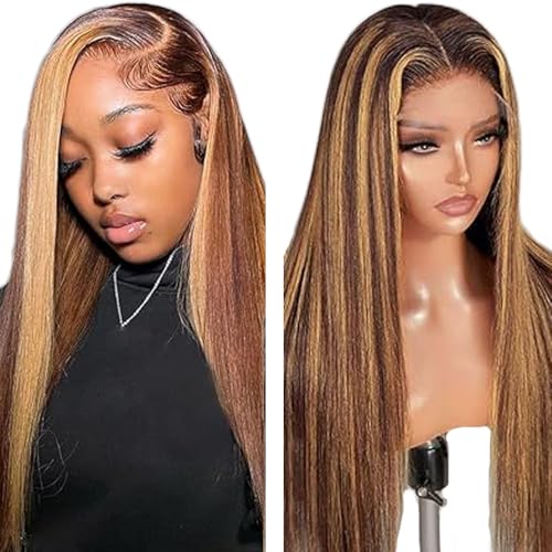 Zeslaerr Straight Human Hair Wig 5x5 Hd Frontal Lace Wig Echthaar PerüCke 150% Density Unprocessed Brazilian Virgin Hair P4/27 Highlight Brown Minimal Tangle No Smell For Women 28 Inch von Zeslaerr