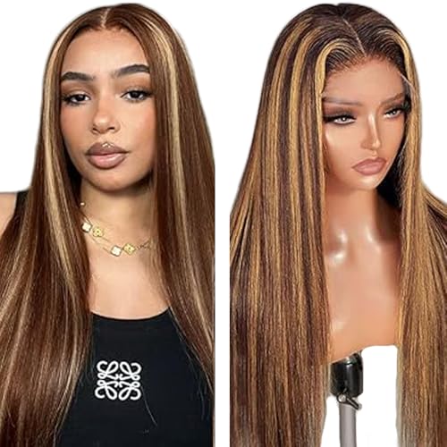 Zeslaerr Straight Human Hair Wig 5x5 Hd Frontal Lace Wig Echthaar PerüCke 150% Density Unprocessed Brazilian Virgin Hair P4/27 Highlight Brown Minimal Tangle No Smell For Women 26 Inch von Zeslaerr