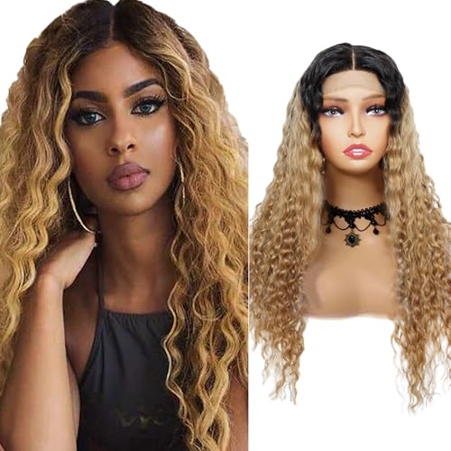 Zeslaerr Water Wave Human Hair Wig 13X1 Hd Frontal Lace Wig Echthaar PerüCke 150% Density Unprocessed Brazilian Virgin Hair 1B/27 Black Root Ombre Brown No Tangle No Smell For Women 26 Inch von Zeslaerr