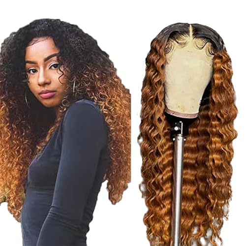 Zeslaerr Water Wave Human Hair Wig 13X1 Hd Frontal Lace Wig Echthaar PerüCke 150% Density Unprocessed Brazilian Virgin Hair 1B/30 Black Root Ombre Brown No Tangle No Smell For Women 22 Inch von Zeslaerr