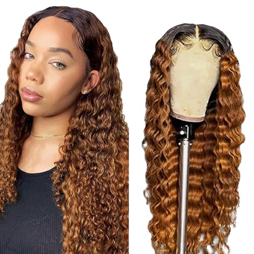 Zeslaerr Water Wave Human Hair Wig 13X1 Hd Frontal Lace Wig Echthaar PerüCke 150% Density Unprocessed Brazilian Virgin Hair 1B/30 Black Root Ombre Brown No Tangle No Smell For Women 24 Inch von Zeslaerr