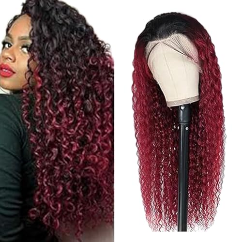 Zeslaerr Water Wave Human Hair Wig 13X1 Hd Frontal Lace Wig Echthaar PerüCke 150% Density Unprocessed Brazilian Virgin Hair Ombre Burgundy Red No Tangle No Smell For Women 26 Inch von Zeslaerr