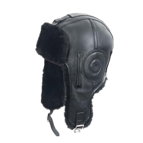 Zessano Kaltes Wetter Unisex Schaffell Fliegerhüte – Bomber-Pilotenmützen für Männer Frauen Ushanka Kosaken Trooper Hut Trapper Hunter Headwear, Schwarz , 7/7 1/8 von Zessano