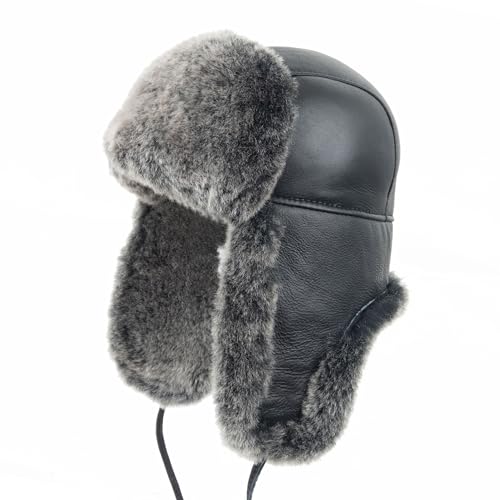 Zessano Leder Flieger Russische Ushanka Trapper Winter Pelz Hut - Unisex Shearling 100% Leder Schaffell Hüte für Männer Frauen, Schwarz, 7-7 1/8 von Zessano