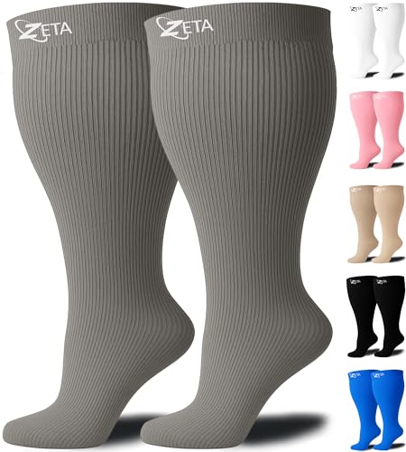 Zeta Wear Kompressionsstrümpfe für dicke Waden – 15–19 mmHg – Extra Weit für Damen & Herren – Stützstrümpfe gegen Schwellungen, Krampfadern & müde Beine – Größen bis 4XL (Grau) von Zeta Wear