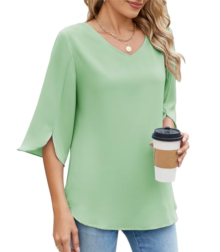 Zetieny Damen Bluse Elegant V-Ausschnitt 3/4 Ärmel Oberteil Elegant Tunika Locker Blusen Casual Tops von Zetieny
