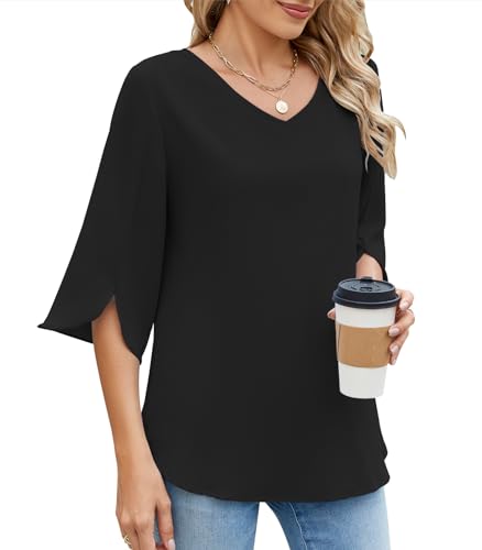 Zetieny Damen Bluse Elegant V-Ausschnitt 3/4 Ärmel Oberteil Elegant Tunika Locker Blusen Casual Tops von Zetieny