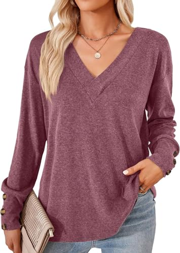 Zetieny Bluse Damen V-Ausschnitt Tunika Langarm Lässiges T Shirt Langarmshirt Solide Oberteile Tops für Frauen von Zetieny