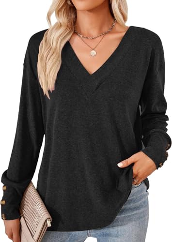 Zetieny Bluse Damen V-Ausschnitt Tunika Langarm Lässiges T Shirt Langarmshirt Solide Oberteile Tops für Frauen von Zetieny