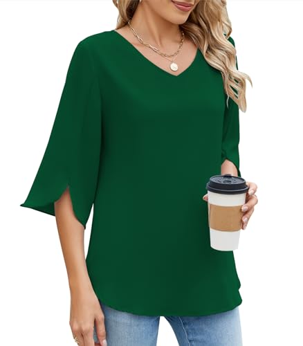 Zetieny Damen Bluse Elegant V-Ausschnitt 3/4 Ärmel Oberteil Elegant Tunika Locker Blusen Casual Tops von Zetieny