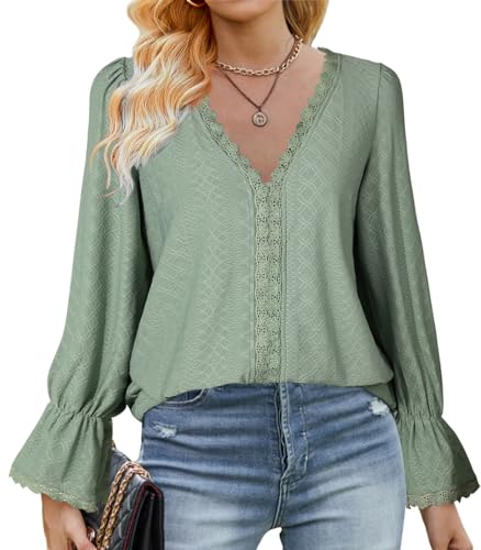 Zetieny Damen Bluse V-Ausschnitt Oberteile Elegant Tunika Langarm Spitzen Top mit Laternenärmeln Locker T-Shirt für Ladies von Zetieny