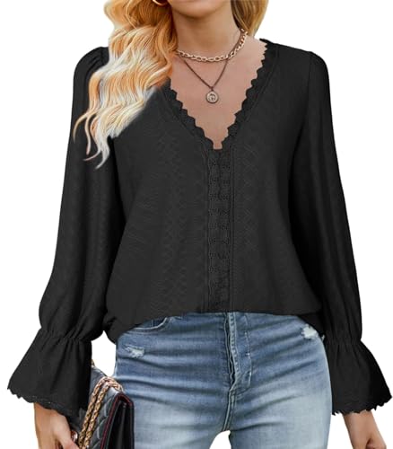 Zetieny Damen Bluse V-Ausschnitt Oberteile Elegant Tunika Langarm Spitzen Top mit Laternenärmeln Locker T-Shirt für Ladies von Zetieny