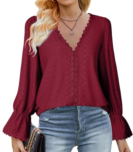 Zetieny Damen Bluse V-Ausschnitt Oberteile Elegant Tunika Langarm Spitzen Top mit Laternenärmeln Locker T-Shirt für Ladies von Zetieny