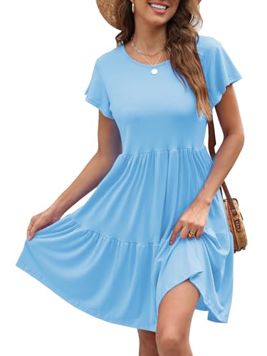 Zetieny Sommerkleid Damen Rundhals Kurzarm Kleider Einfarbig Strandkleid Midi Kleid Lose A-Linie Kleider mit Tasche von Zetieny