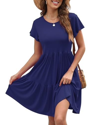 Zetieny Sommerkleid Damen Rundhals Kurzarm Kleider Einfarbig Strandkleid Midi Kleid Lose A-Linie Kleider mit Tasche von Zetieny