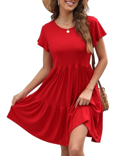 Zetieny Sommerkleid Damen Rundhals Kurzarm Kleider Einfarbig Strandkleid Midi Kleid Lose A-Linie Kleider mit Tasche von Zetieny