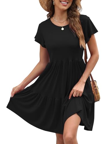 Zetieny Sommerkleid Damen Rundhals Kurzarm Kleider Einfarbig Strandkleid Midi Kleid Lose A-Linie Kleider mit Tasche von Zetieny