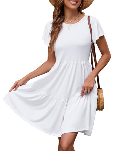 Zetieny Sommerkleid Damen Rundhals Kurzarm Kleider Einfarbig Strandkleid Midi Kleid Lose A-Linie Kleider mit Tasche von Zetieny