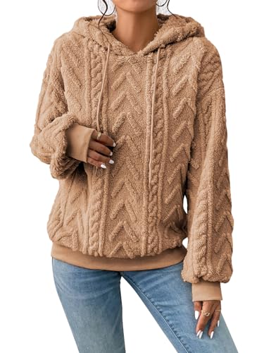 Zetieny Hoodie Damen Kapuzenpullover Teddy Fleece Double Fuzzy Fluffy Jacquard Pullover Lässiges Warmes Langarm Oberteil Herbst Winter Sweatshirt mit Kordelzug von Zetieny