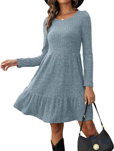Zetieny Damen Kleid Langarm Rundhals Herbstkleid Leicht Strickkleid Elegant A-Linie Winter Kleider Pulloverkleid Freizeitkleid von Zetieny