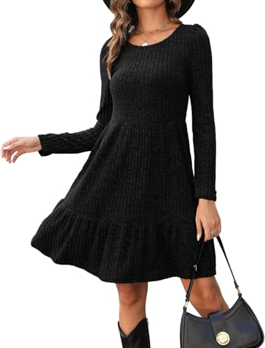 Zetieny Damen Kleid Langarm Rundhals Herbstkleid Leicht Strickkleid Elegant A-Linie Winter Kleider Pulloverkleid Freizeitkleid von Zetieny